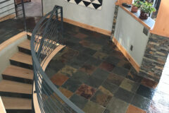 Floor: 12′′ × 12′′ Slate tile. Column Foundations: Ledger slate tile (stacked stone). Stair Risers: Custom-cut slate tile in Westminster, Colorado